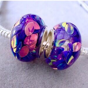 2 PCs Purple Iridescent Confetti Spacer Bead Charms fits PANDORA